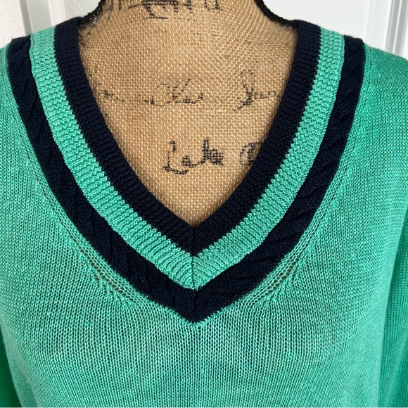 Sz 1X Talbots NWOT $120 MSRP 100% Linen Green TIPPED V-NECK SWEATER - Picture 4 of 9